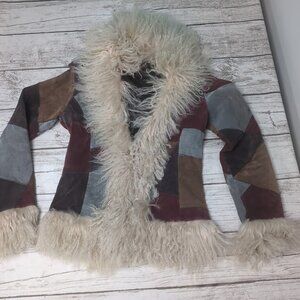 Suede Leather Patchwork with Real Fur Trim Boho Vintage Style Jacket Women 6